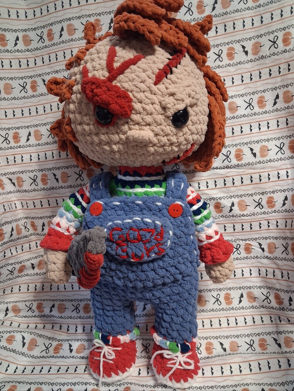 Handmade Plush Doll in Beige, Orange, Blue, Red